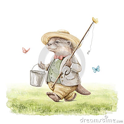 Watercolor cartoon otter in vintage outfit goes with fishing rod, bucket and butterflies on green grass Cartoon Illustration