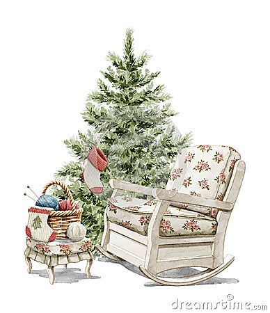 Watercolor cartoon rocking chair, knitting basket, bench and Christmas tree Cartoon Illustration