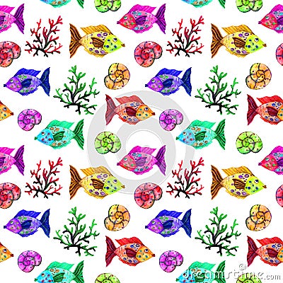 Watercolor cartoon seamless pattern marine life: fish, bubbles, corals and shells Stock Photo