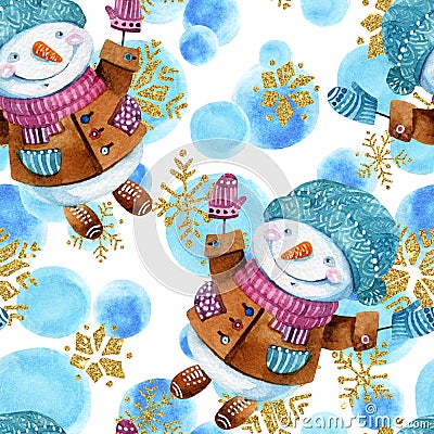 Watercolor cartoon snowman in childish style background. Cartoon Illustration