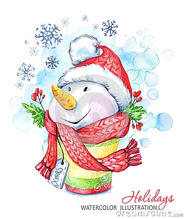 Watercolor cartoon Snowman in the hat and scarf. Winter holidays illustration. Cartoon Illustration