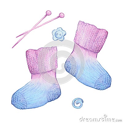 Watercolor cartoon socks and knitting accessories. Vector illustration Vector Illustration