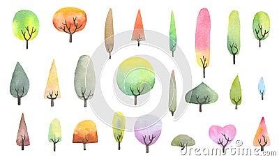 Watercolor cartoon trees. childlike hand-drawn illustration Cartoon Illustration