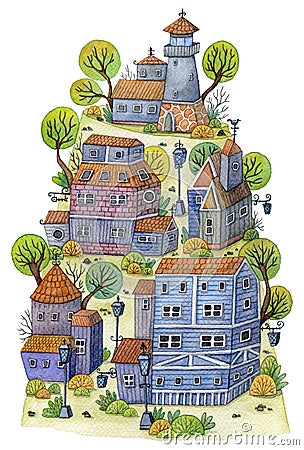 Watercolor cartoon village with lighthouse, houses and trees on mountain. Fairytale landscape. Cartoon Illustration