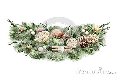 Watercolor cartoon vintage green Christmas tree garland wreath Cartoon Illustration