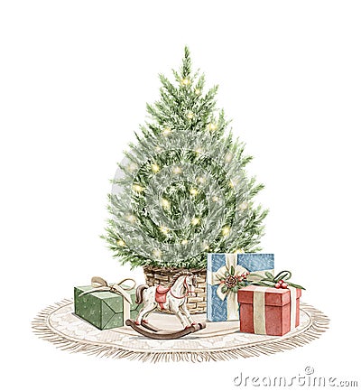 Watercolor cartoon vintage green Christmas tree with gift presents boxes and toys Cartoon Illustration