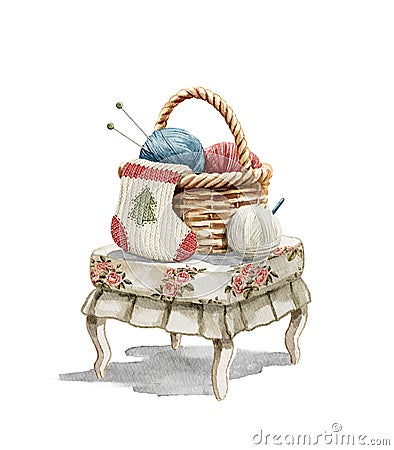 Watercolor cartoon wicker basket for knitting and Christmas sock on vintage bench Cartoon Illustration