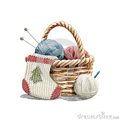 Watercolor cartoon wicker basket for knitting and Christmas sock Cartoon Illustration