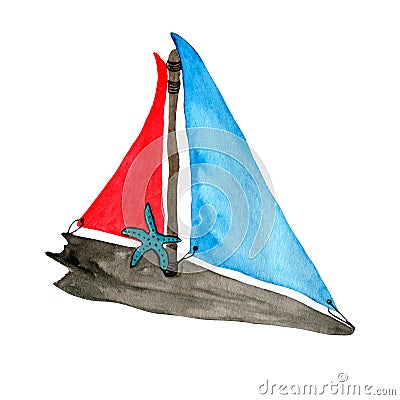 Watercolor cartoon wooden toy sailboat with red and blue sails Stock Photo