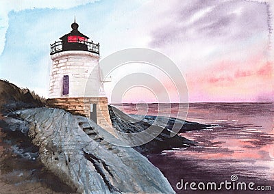 Watercolor Castle Hill Lighthouse on the sunset Stock Photo