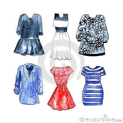 Watercolor casual dresses on white background. Stock Photo
