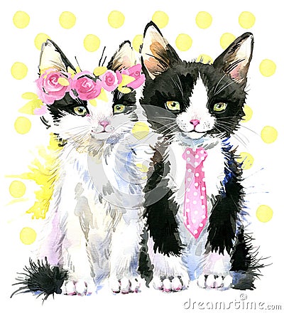 watercolor cat family illustration Cartoon Illustration