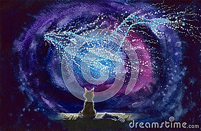 Watercolor cat with starry whale constellation Stock Photo