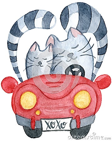 Watercolor cats in just married red car Cartoon Illustration