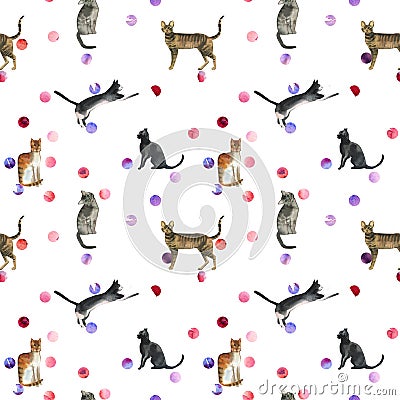 Watercolor cats pattern on polka dot background Stock Photo