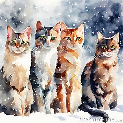 Watercolor Cats In Snowflakes Stock Photo