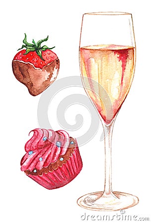 Watercolor champagne strawberry chocolate cupcake set Stock Photo