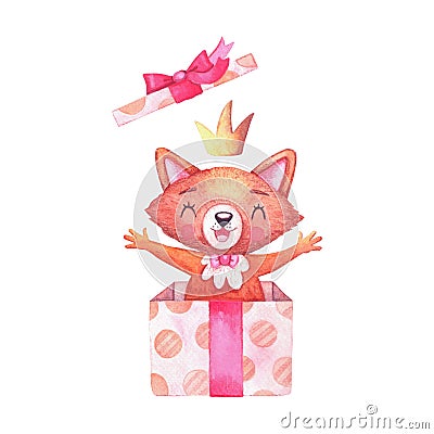 Watercolor character fox girl in crown fun jumping out of a gift box. Cartoon animals for holiday decoration. Stock Photo