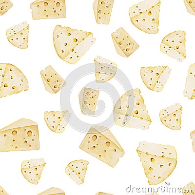 Watercolor cheese seamless pattern. Organic food illustration with cheese pieces. Vector Illustration