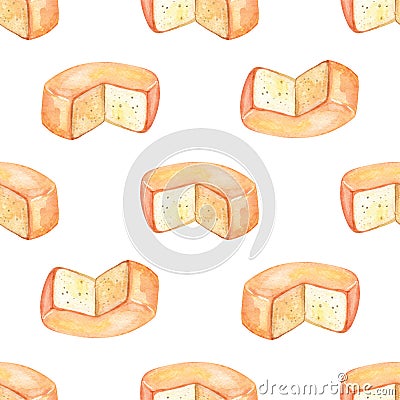 Watercolor cheese wheel seamless pattern on white Stock Photo