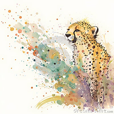 Watercolor cheetah on watercolor background. Hand drawn vector illustration Cartoon Illustration