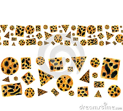 watercolor cheetah fur texture border in geometric shapes on white background Stock Photo