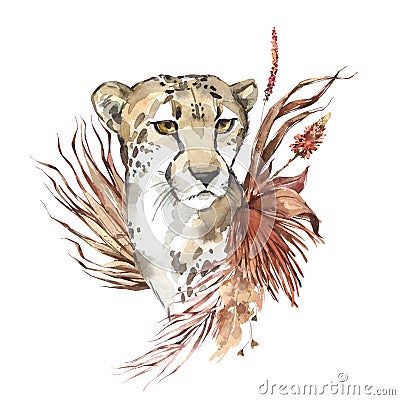 Watercolor cheetah portrait with dried leaves. African animlas clipart Cartoon Illustration