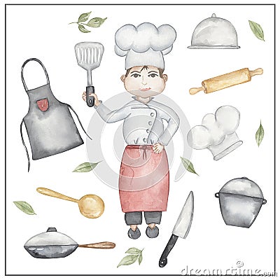 Watercolor chef clipart, hand drawn kitchen supplies illustration. Man cooker working on the kitchen, kids school card clip art, Cartoon Illustration