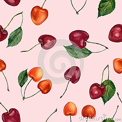 Watercolor cherry seamless pattern. Watercolor cherries isolated on pink background. For design, textile and background. Stock Photo