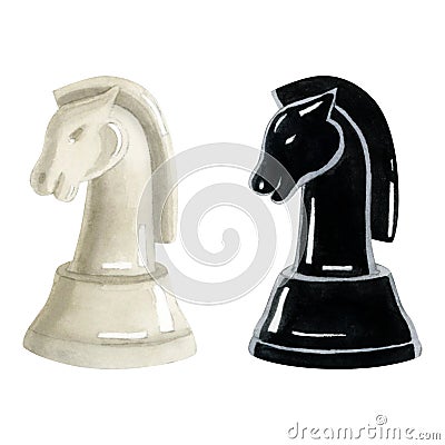 Watercolor chess knights pieces black and white illustration isolated on white. Realistic figures of horse for Chess day Cartoon Illustration