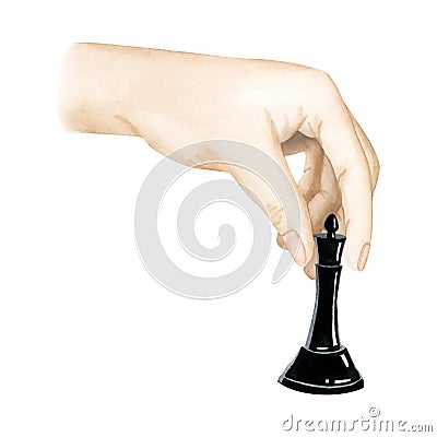 Watercolor chess player hand making move with black queen illustration isolated on white background Cartoon Illustration