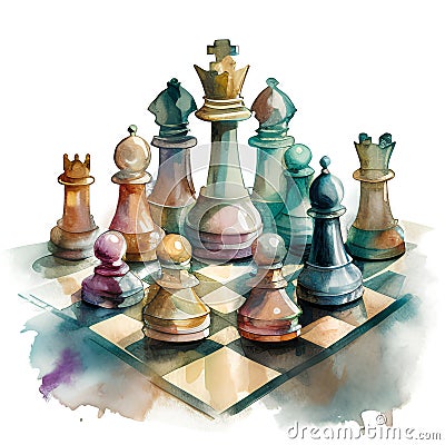 Watercolor chess set. Hand drawn illustration isolated on white background. Cartoon Illustration