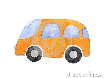 Watercolor child orange bus, isolated on white background. Cartoon Illustration