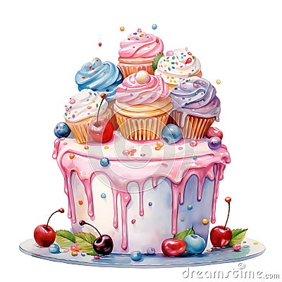 Watercolor childish cake with cupcakes and cherries isolated on white background Stock Photo