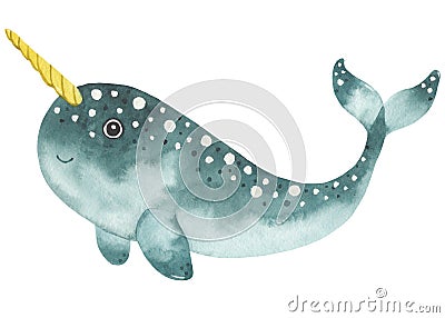 Watercolor childish illustration with cute turquoise narwhal Cartoon Illustration