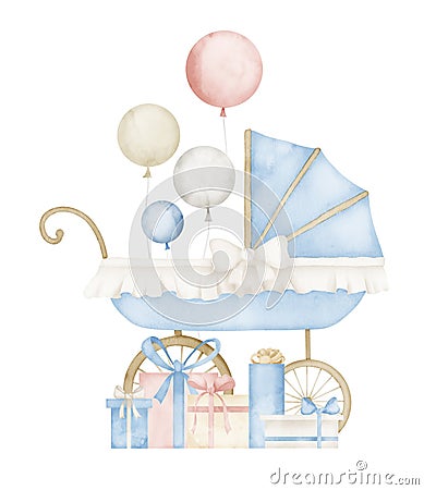 Watercolor childish Pram with air balloons and presents for Baby Shower. Hand drawn watercolor illustration of vintage Cartoon Illustration