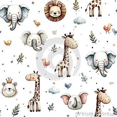 Watercolor childish seamless pattern with cute jungle animals: elephant, lion, giraffe and birds isolated on white background Stock Photo