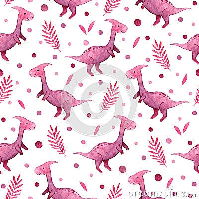 Watercolor childish seamless pattern with pink dinosaurs Stock Photo