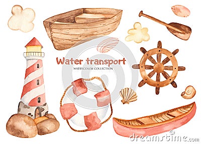 Watercolor children cute cartoon set with a lighthouse, boat, paddle, steering wheel. Stock Photo