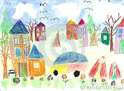 Watercolor children drawing kids Walking Stock Photo