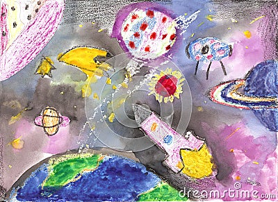 Watercolor children drawing space planet rocket Stock Photo