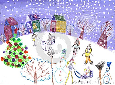Watercolor children drawing winter sleigh ride Stock Photo
