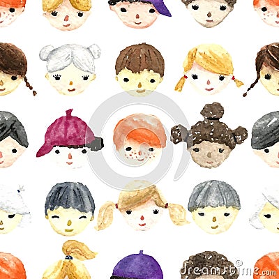 Watercolor children faces. Vector Illustration