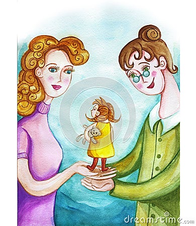 Watercolor children`s drawing of mother and nurse, mother passes on the child`s adon, baby girl, mother trusts the nurse, relation Cartoon Illustration
