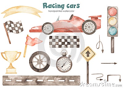 Watercolor children`s set with racing cars, road, flag, trophy, traffic light, start line, timer, finish flag, boy Stock Photo