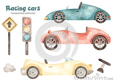 Watercolor children`s set with racing cars, traffic light, pointer, steering wheel, boy Stock Photo