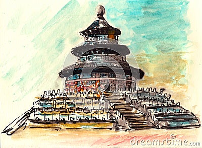 Watercolor china beijing tiantan Stock Photo