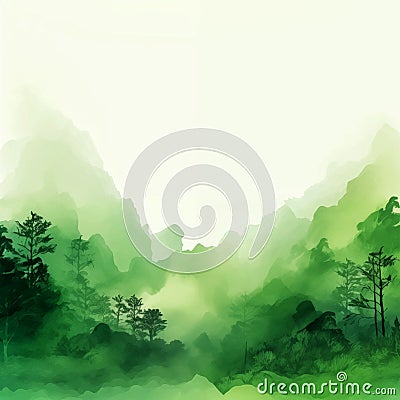 Watercolor Chinese green painterly landscape wallpaper Stock Photo