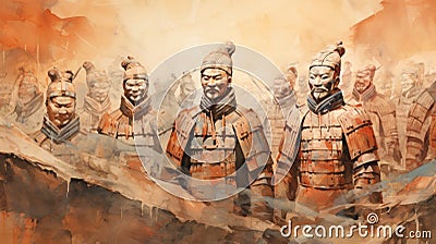watercolor of Chinese Terracotta Army. Stock Photo