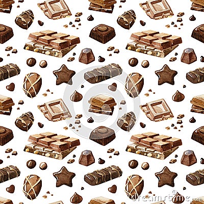 Watercolor chocolate pattern. Hand drawn sweets, truffle, praline, chocolate bar, drops, Stock Photo